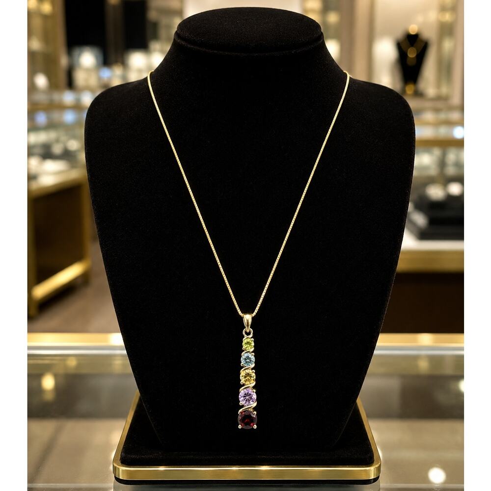 925 Family Birthstone Bar Pendant Necklace 18" Italy Chain Multi Color Gemstones
